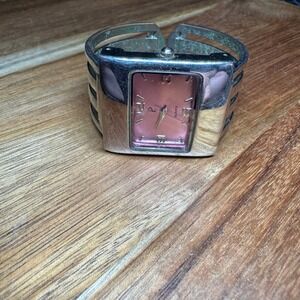 Y2K Silver Tone Pink Dial Cuff Quartz Watch Rectangular Face Parts Repair Vintag